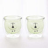 Kuber Industries 4 Pcs Cute Teddy Bear Cups | Borosilicate Double Wall Glass Cups | Microwave Safe | Heat Resistant | Scratch Proof | 250 ML | Pack of 2 | Green